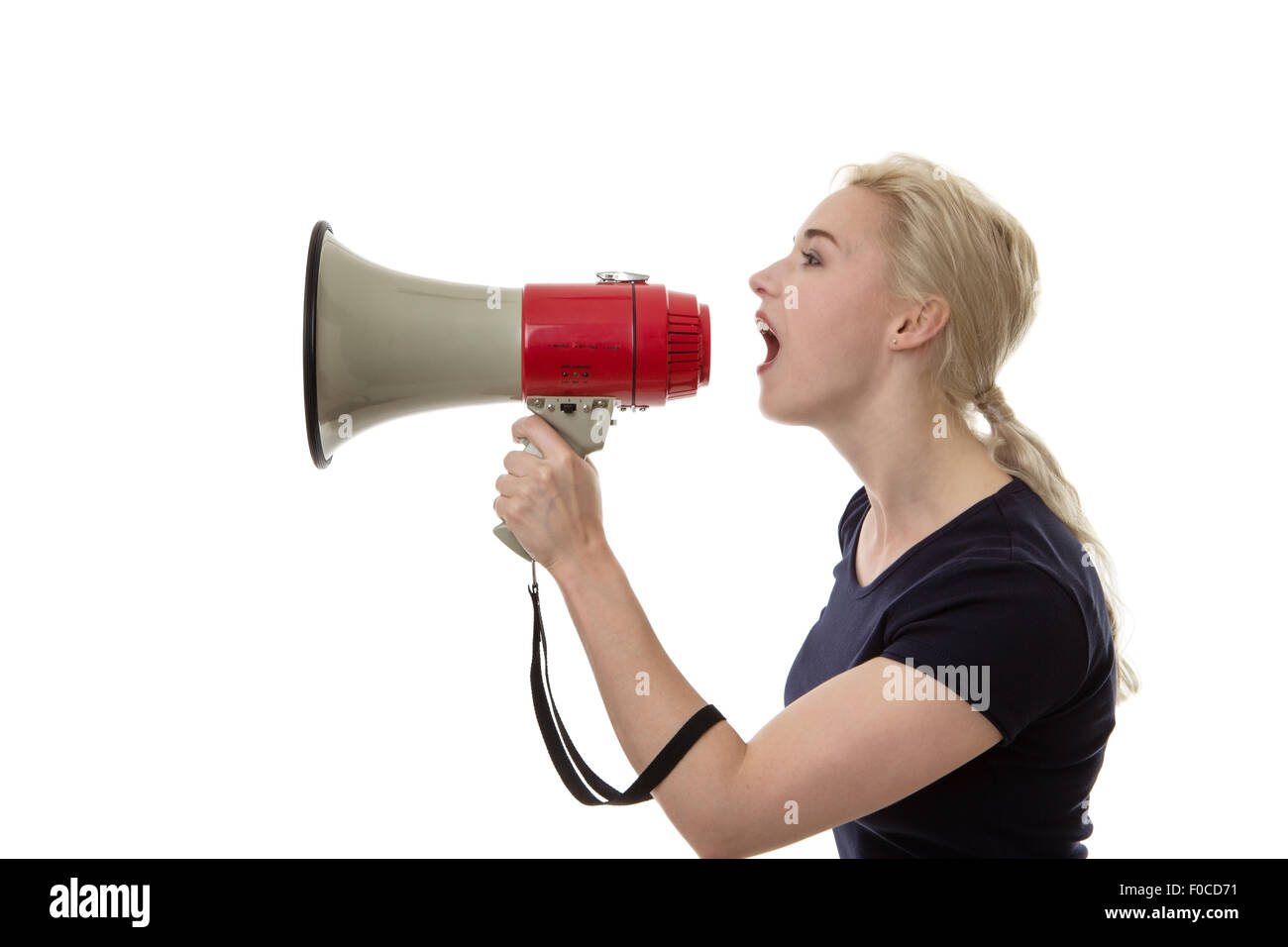 Frau einen Lautsprecher Niederschreien Stockfoto