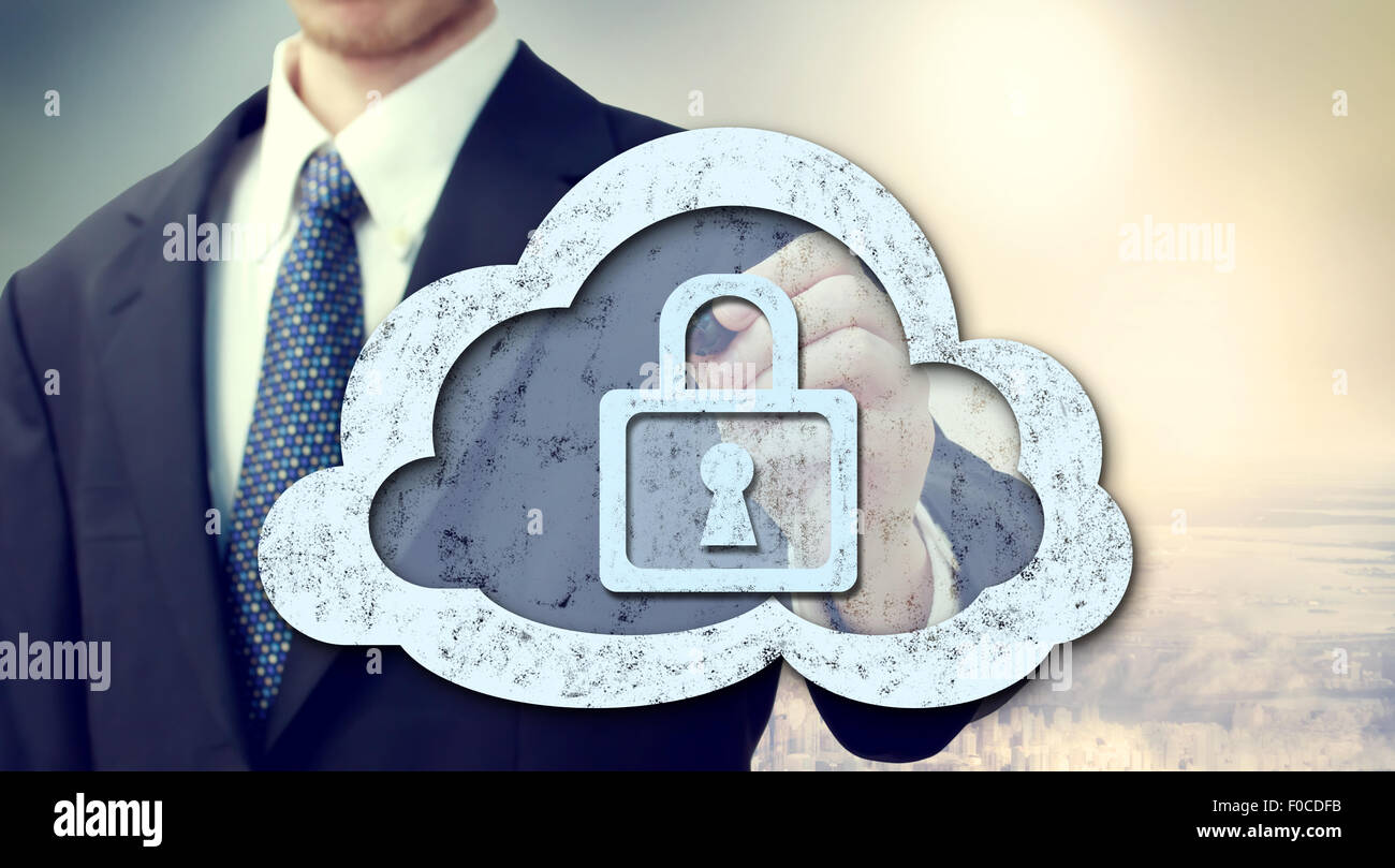 Sicheres Online-Cloud-computing Konzept mit Geschäftsmann Stockfoto