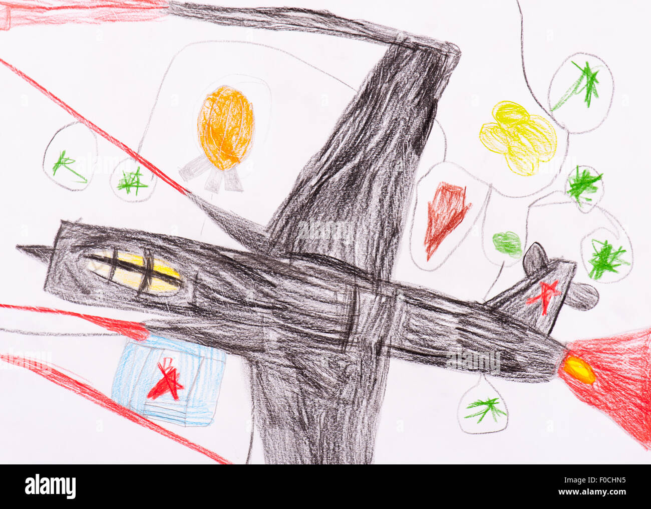 Militärflugzeuge. Kinder Zeichnung auf dem Papier. isoliert Stockfoto