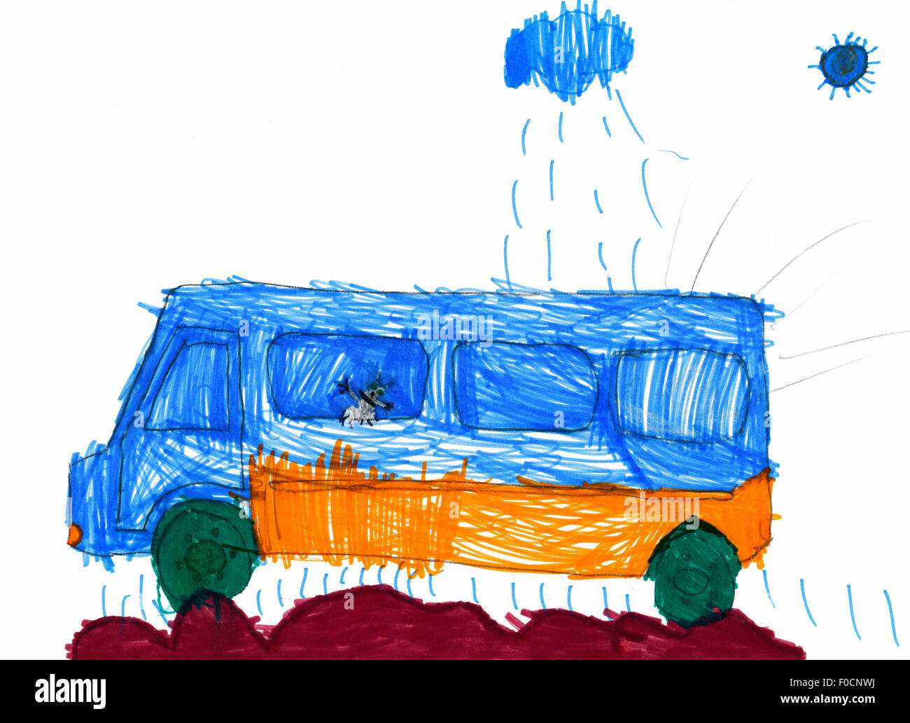 Hund im Auto Reisen. Kinder Zeichnung. Stockfoto