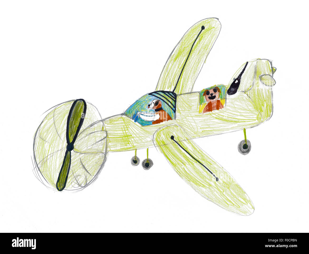 Hunde, die mit dem Flugzeug fliegen. Kinder Zeichnung Stockfoto