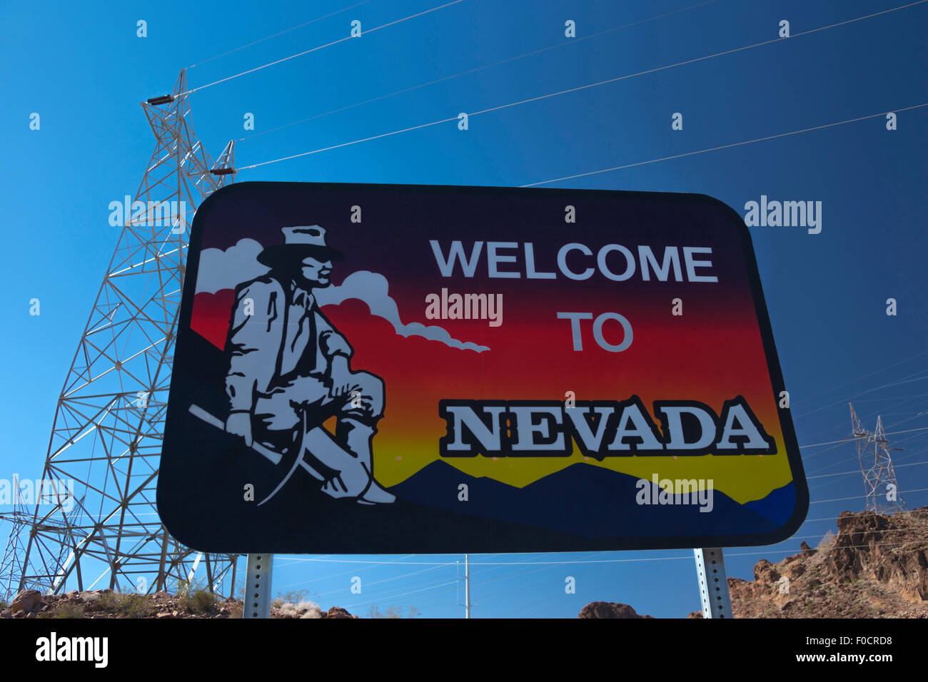 WILLKOMMEN IN NEVADA SCHILD ARIZONA NEVADA GRENZE USA Stockfoto