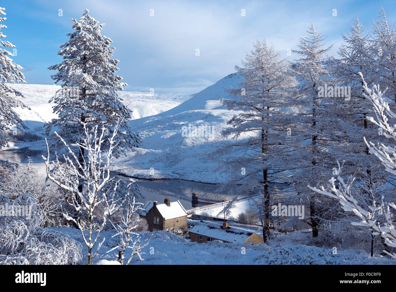 Frischer Schnee bedeckt, Hügel, Bäume und Häuser im Peak District, North West England. Stockfoto