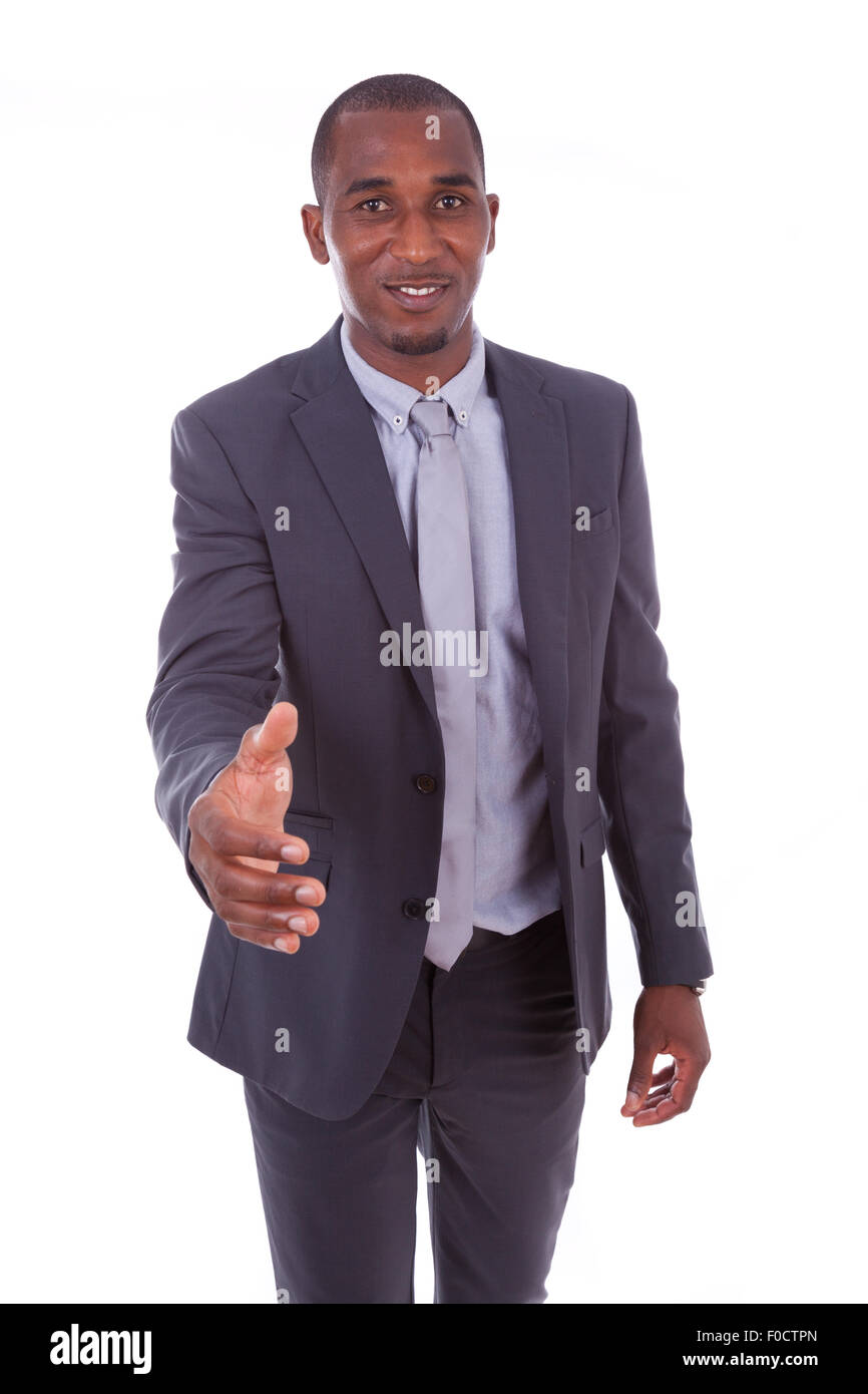 Porträt eines jungen afrikanischen amerikanischen Geschäftsmannes Begrüßung mit Handschlag Geste - Menschen mit schwarzer Hautfarbe Stockfoto