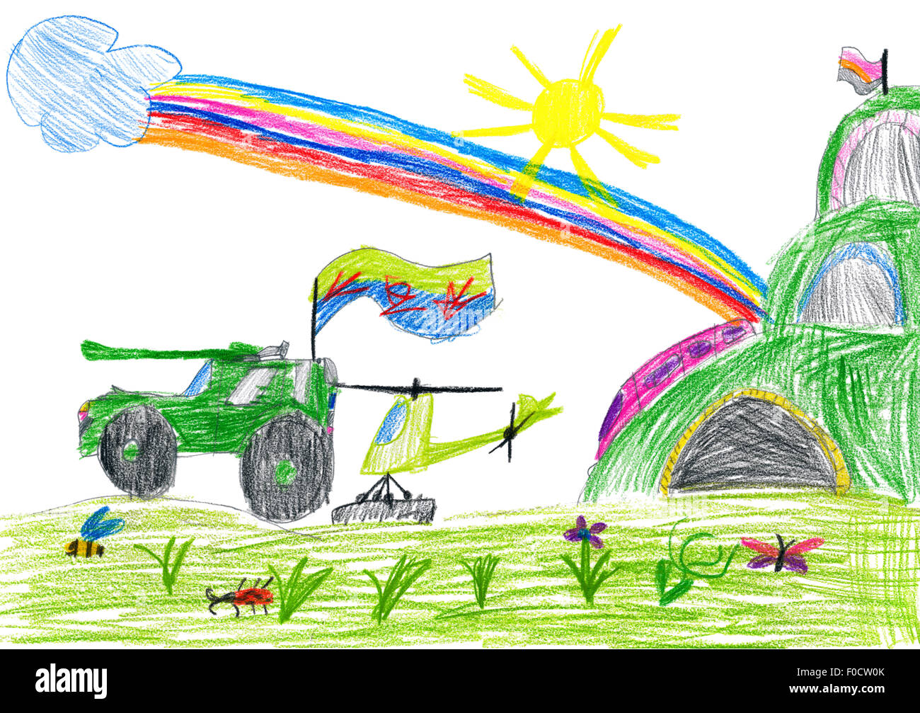 Kind zeichnen. Friedenstruppen Stockfoto