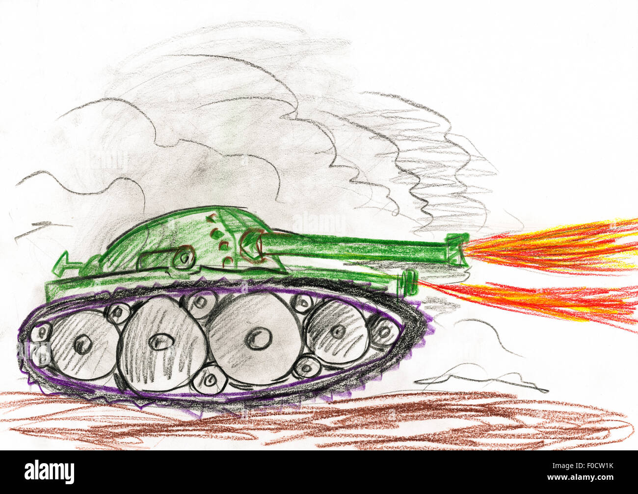 Tank Krieg Kampf. Kind zeichnen. Stockfoto