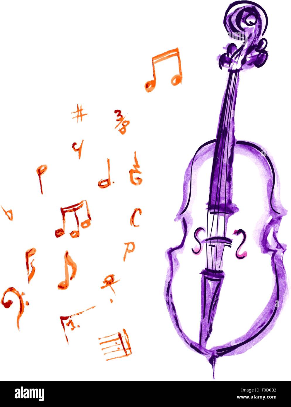 Aquarell violett handgezeichneten Cello und Musiknoten Stock Vektor