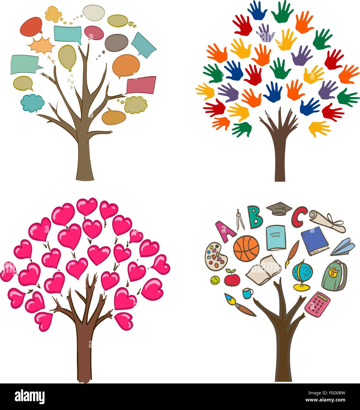 der konzeptuelle Zeichnungen mit Bäumen, Liebe, Nachricht, Schule und offenen Händen Variationen Stock Vektor