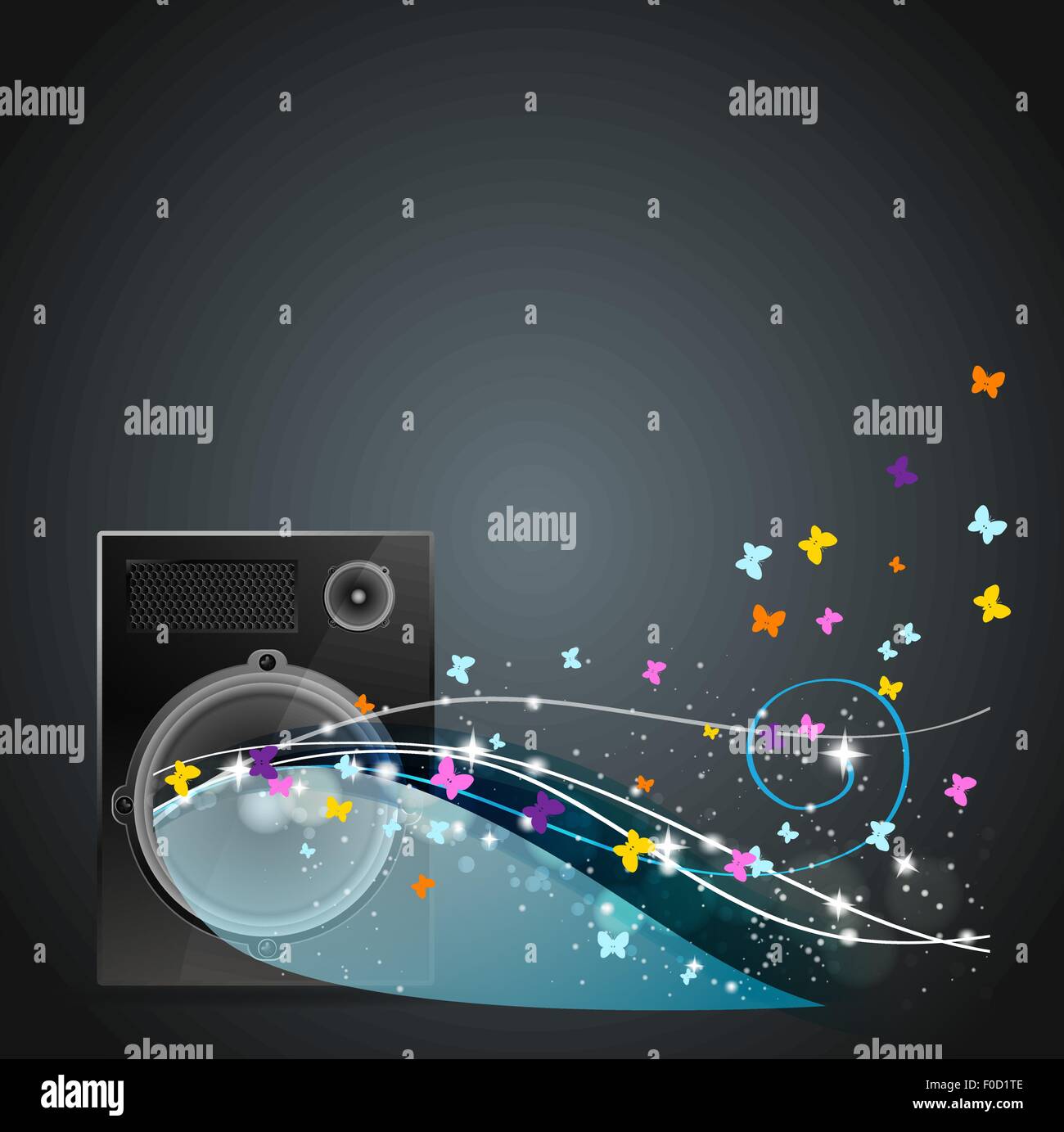 Lautsprecher mit fliegenden Schmetterlinge und Farbe Strahlen  Stock-Vektorgrafik - Alamy