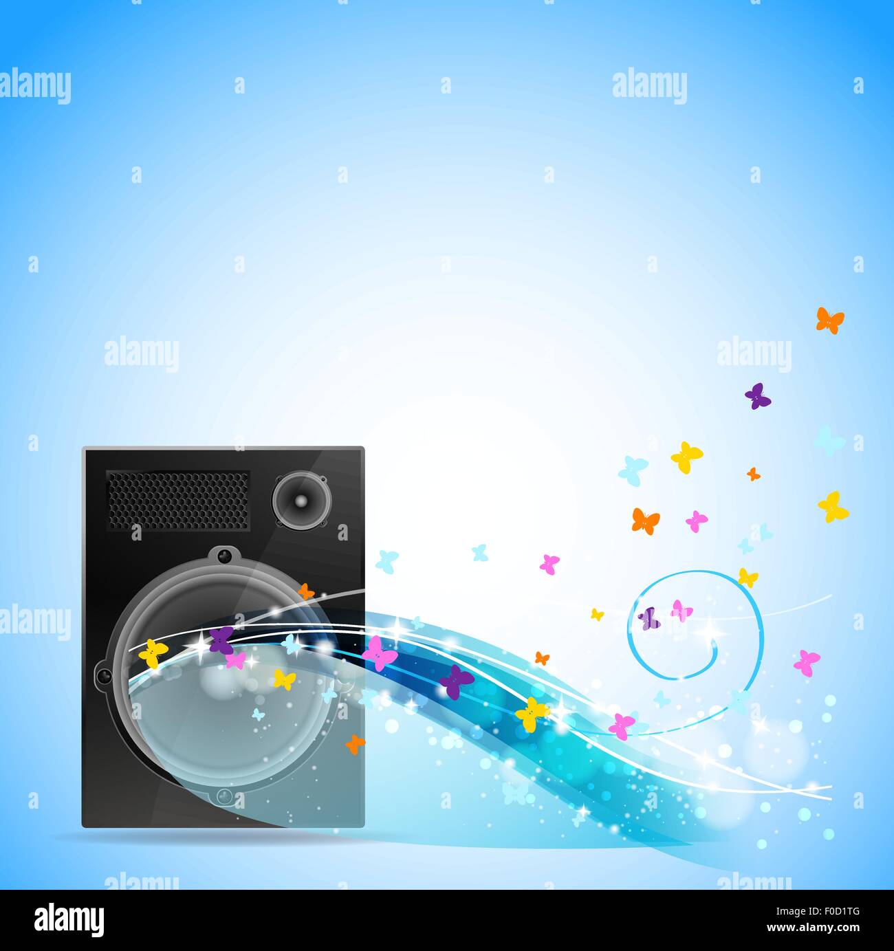 Hintergrund mit Lautsprecher mit fliegenden Schmetterlinge und Lichtfarbe Strahlen Stock Vektor