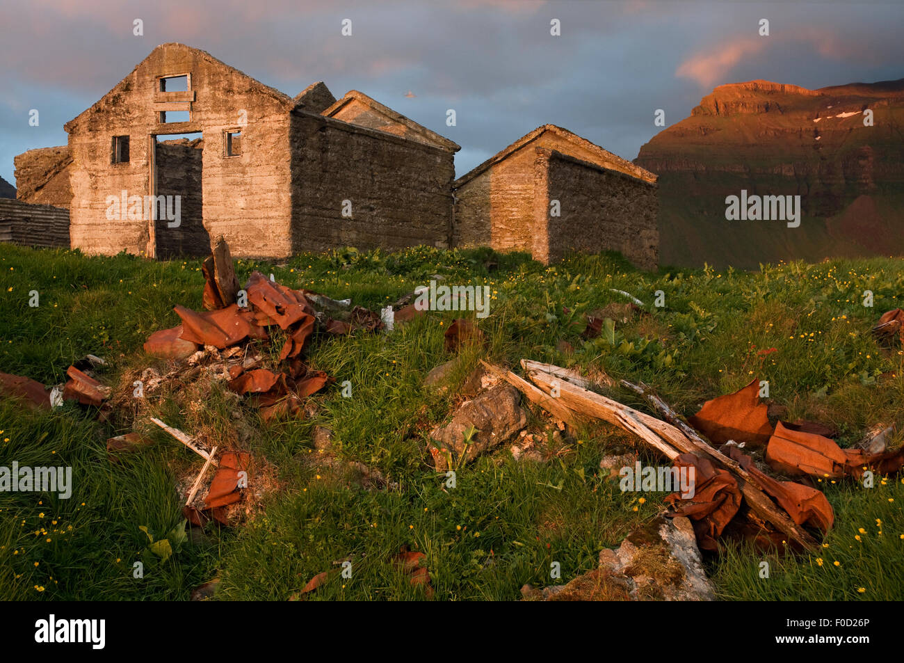 Bauernhof-Ruinen mit Kirkju Berg im Hintergrund, Snæfellsnes / Snaefellsnes Halbinsel, Island, Juli 2008 Stockfoto