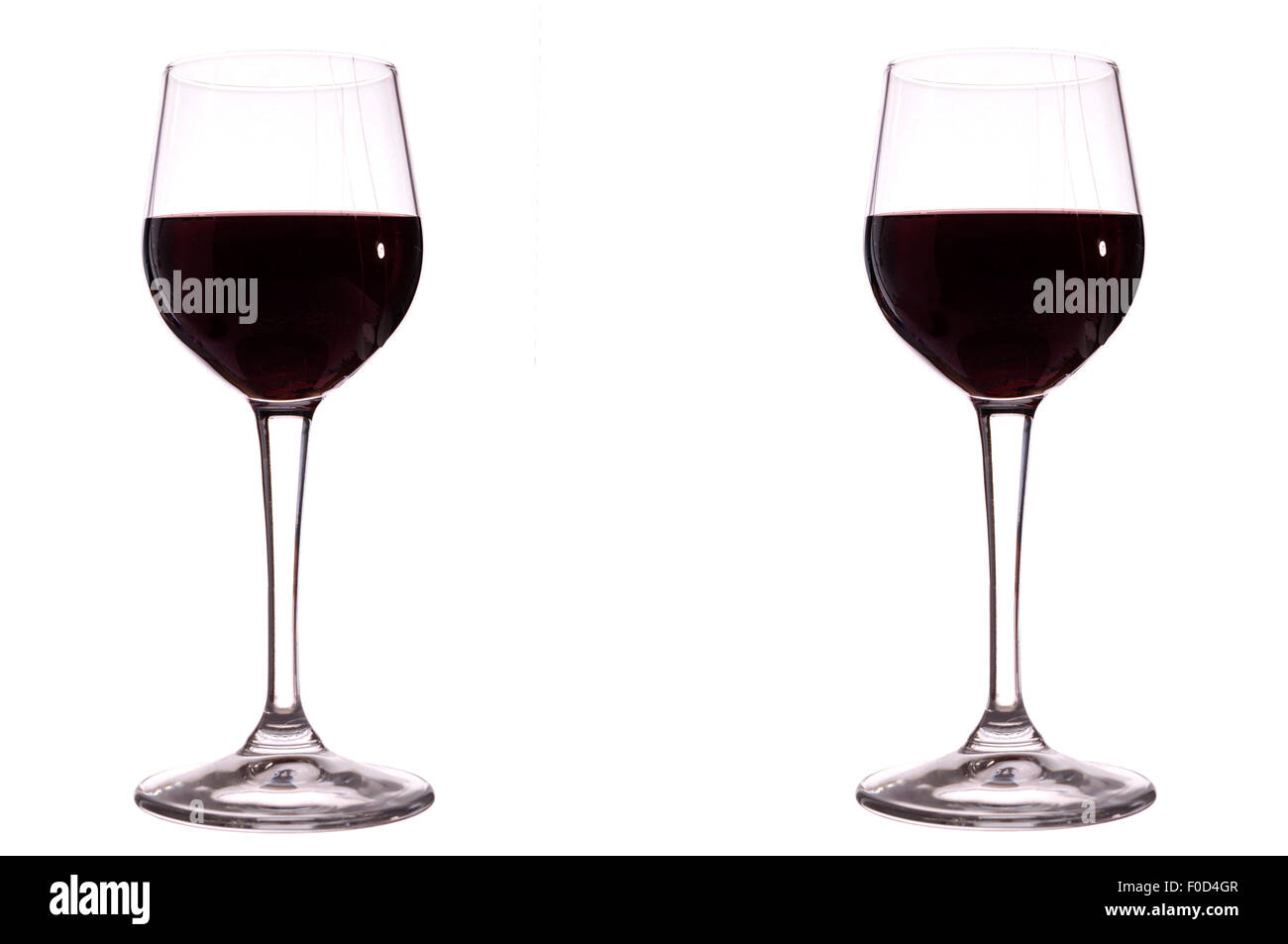 Glas Wein, Glas Rotwein isoliert Element in einem weißen Limbo-Hintergrund Stockfoto