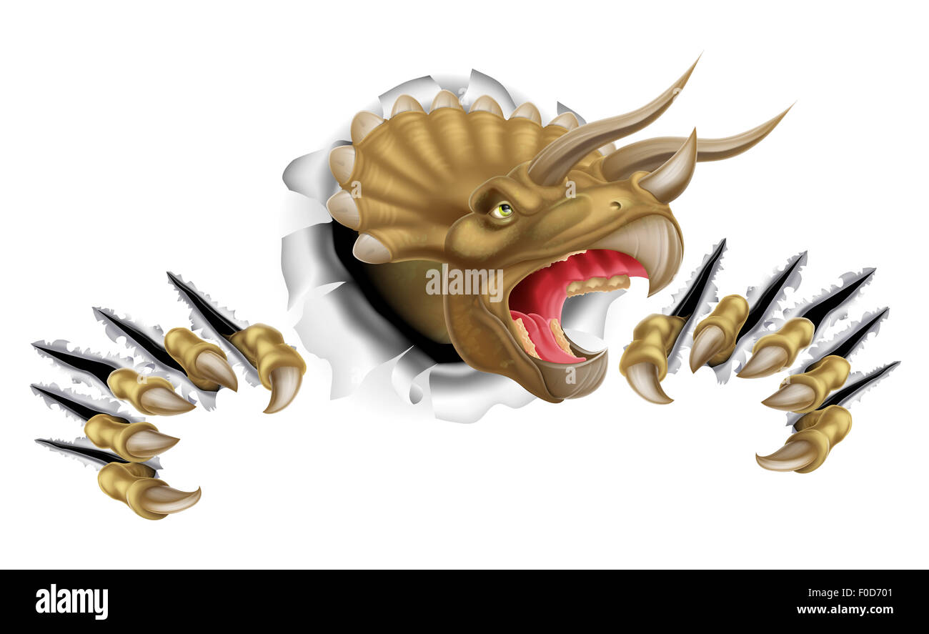 Triceratops Dinosaurier kratzen, Rippen und Zerschlagung durch den Hintergrund Stockfoto