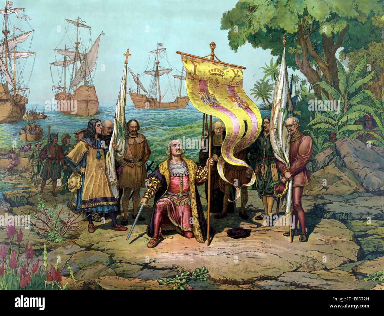 Vintage-print der italienische Entdecker, Christopher Columbus, die Inbesitznahme des neuen Landes. Stockfoto