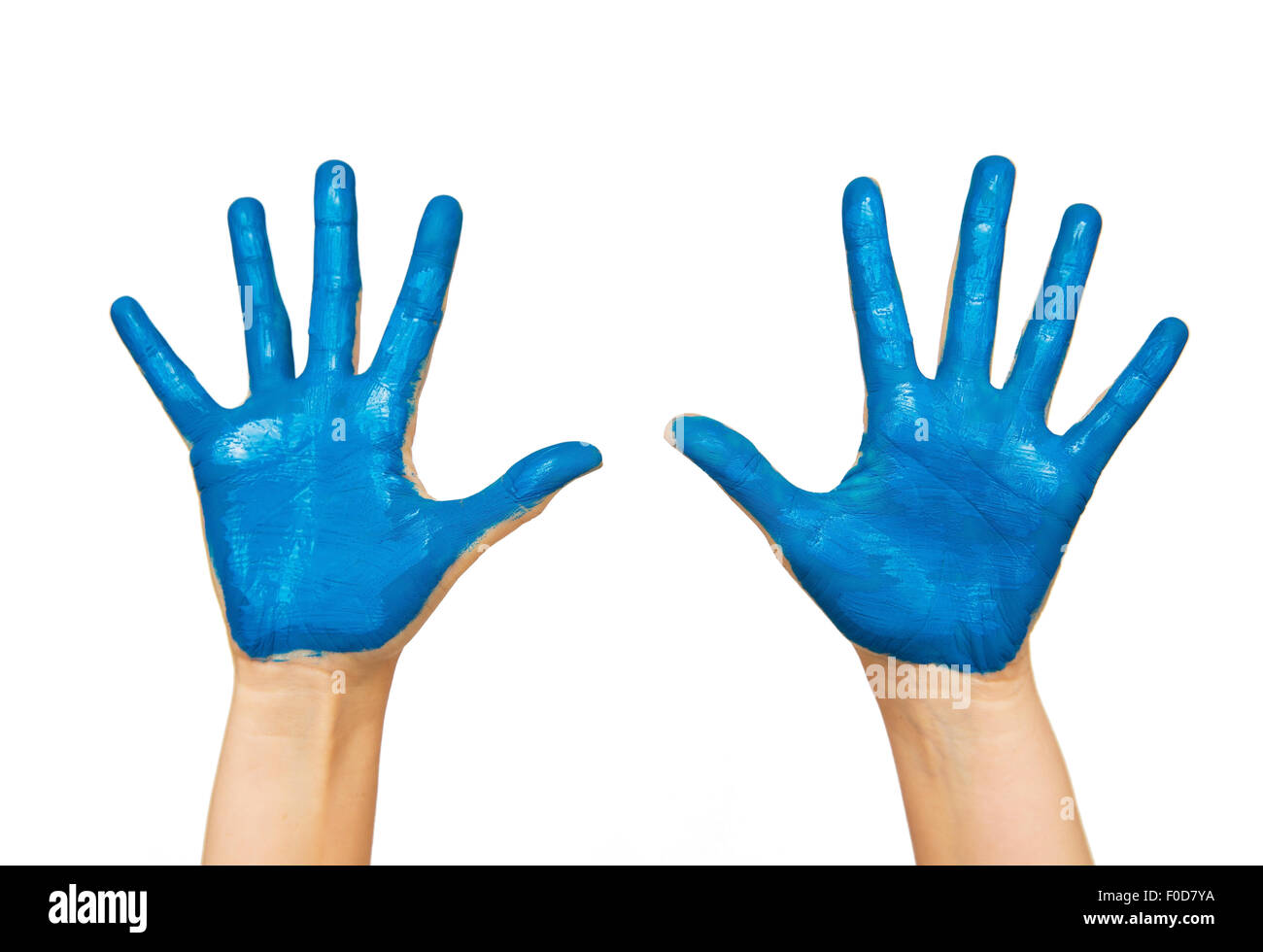 menschliche Hände mit blauer Farbe bemalt Stockfoto