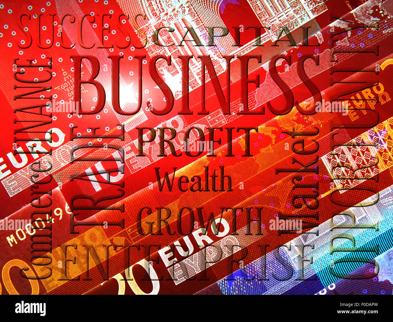 Worte in Bezug auf Geschäft über Euro-Banknoten Stockfoto