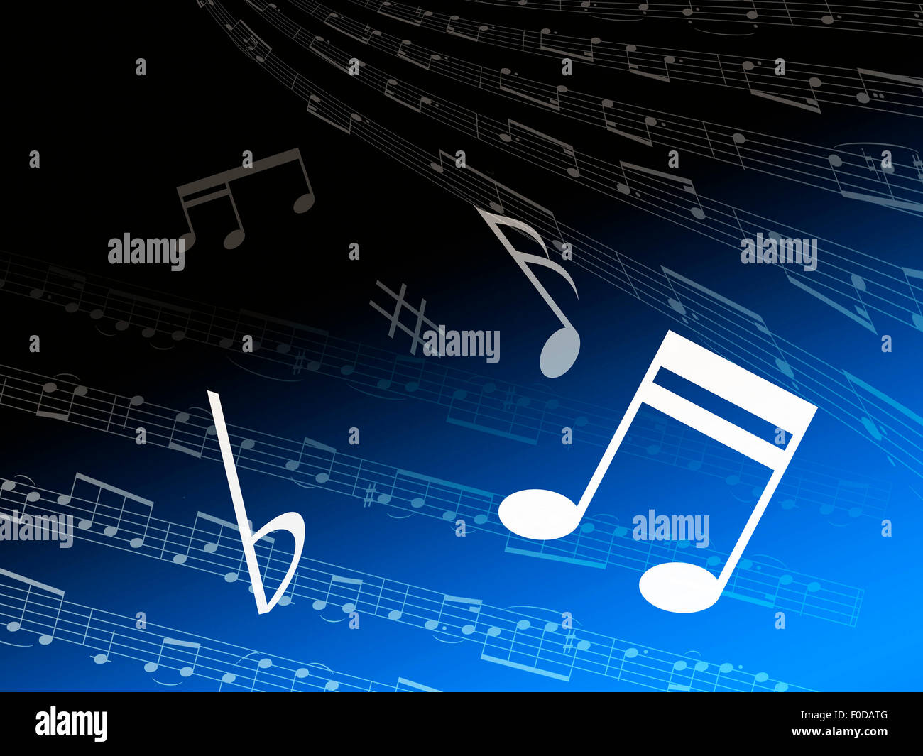 Darstellung, Musik-Symbole auf blauen und schwarzen Hintergrund Stockfoto