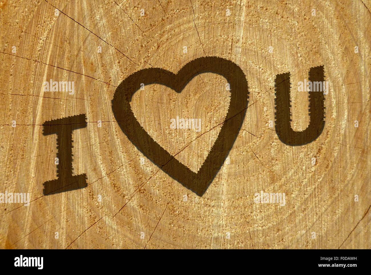 Simulierte Valentine Nachricht auf frisch geschnittenen Baum Stockfoto