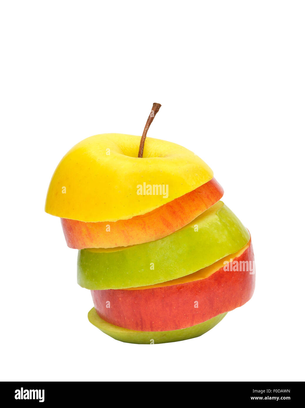 Drei verschiedene Äpfel Scheiben gestapelt über weiß Stockfoto