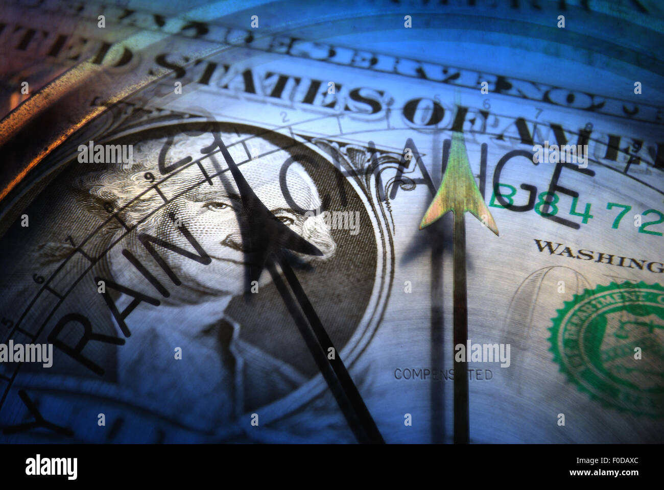 Nahaufnahme des US-Dollar mit Barometer Gesicht überlagert Stockfoto