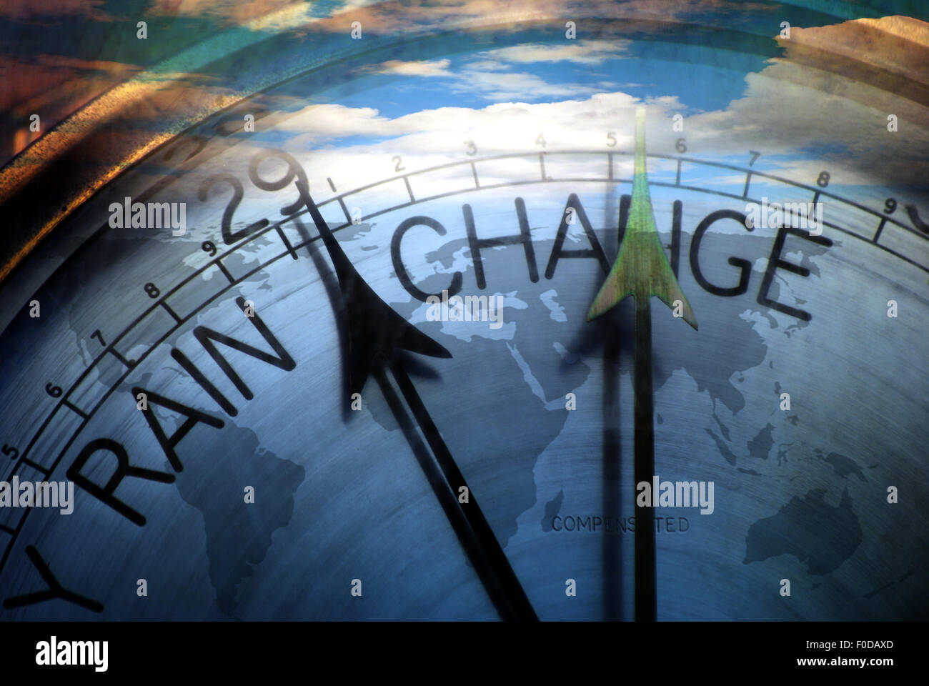 Wetter-Barometer Gesicht überlagert über Weltkarte Stockfoto