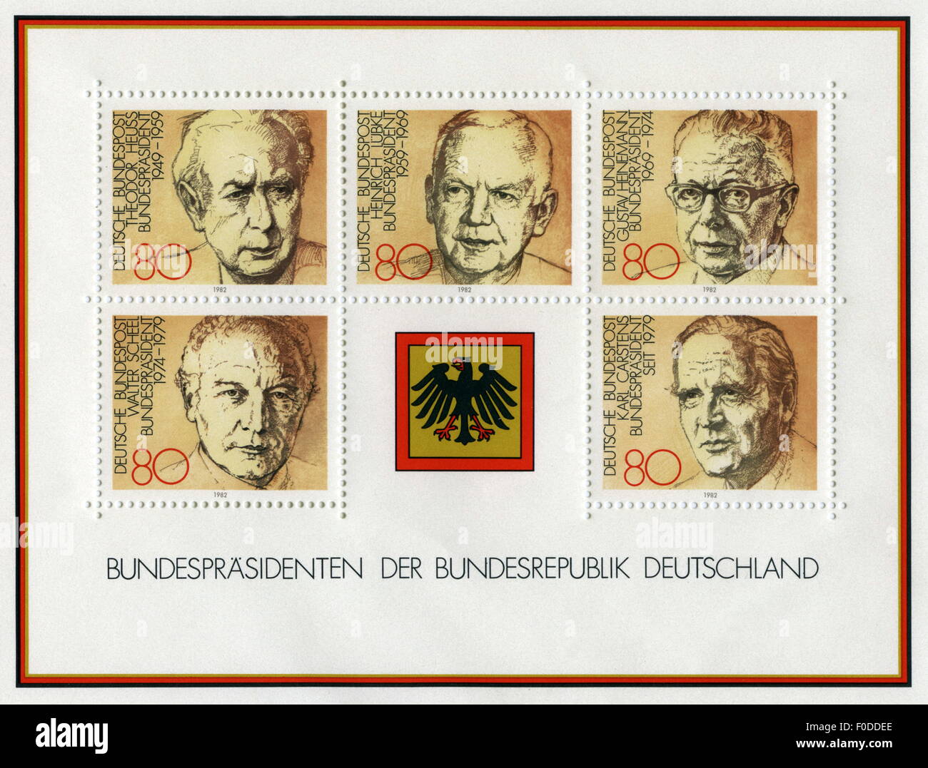 Post, Briefmarken, Deutsche Bundespost, 80 Pfennigmarken, Block Bundespräsident, 1982, Zusatzrechte-Abfertigung-nicht vorhanden Stockfoto