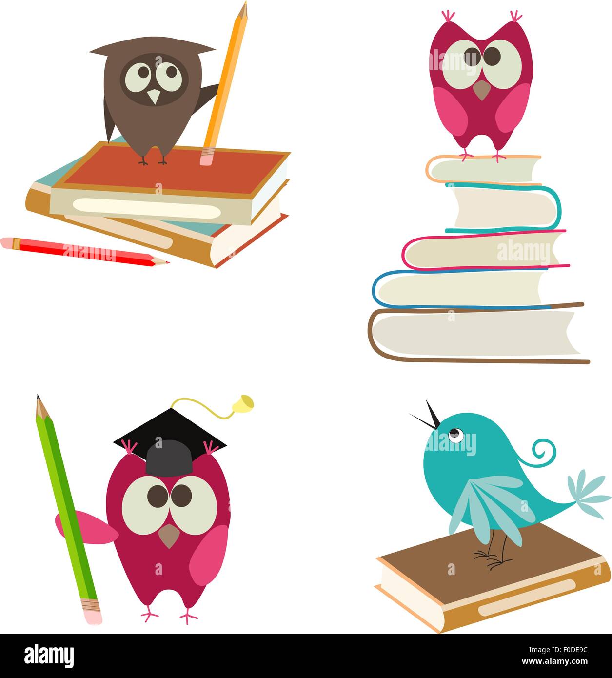 niedlichen Vögel mit Bücher und Stifte Stock Vektor