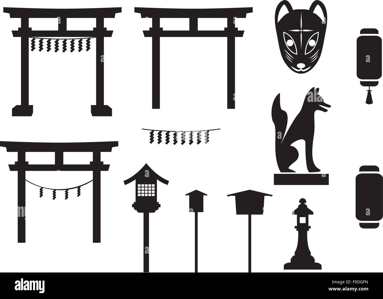 traditionelle Objekt in Japan, Japan-Tor, Fuchs Maske, Fuchs-Skulptur, Label und Banner, Lampe und Laterne Stock Vektor