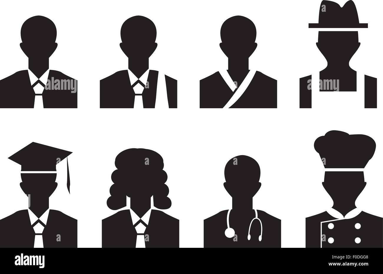 Job-Avatar-Profilbild. Geschäftsmann, Rechtsanwalt, Tae Kwon Do, Landwirt, Collegian, Richter, Arzt und Koch Stock Vektor
