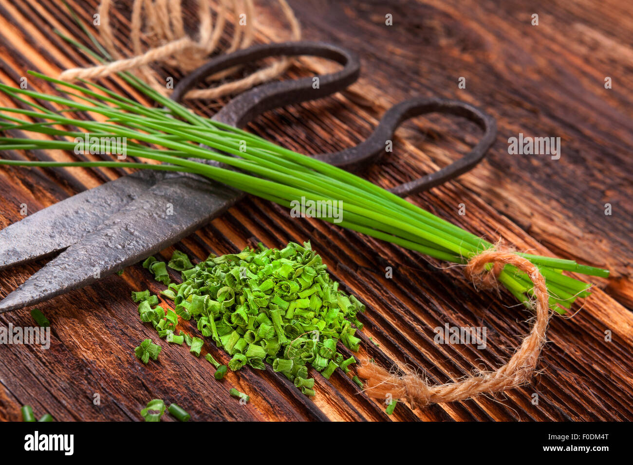 Frisch und trocken Schnittlauch Kraut mit einer Schere Vintage auf rustikalen hölzernen Hintergrund. Aromatische Küchenkräuter. Stockfoto