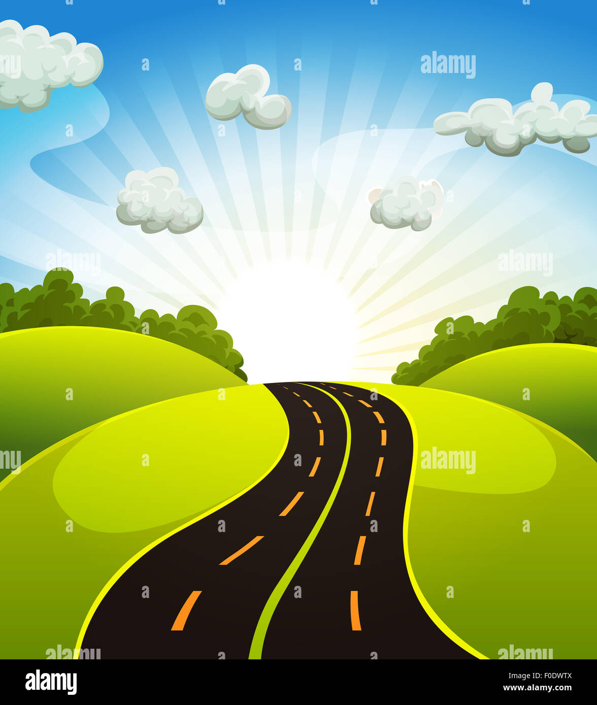 Abbildung einer Cartoon-Straße fahren von Feldern und Wiesen Landschaft