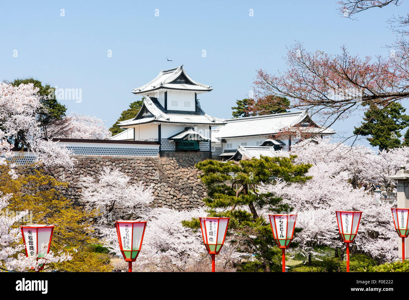 Japan, Kanazawa Castle. TCherry Blüten in voller Blüte um die Ishikawa-mon, das Tor mit der Verteidigung Türmchen, auf beiden Seiten. Blue Sky. Stockfoto
