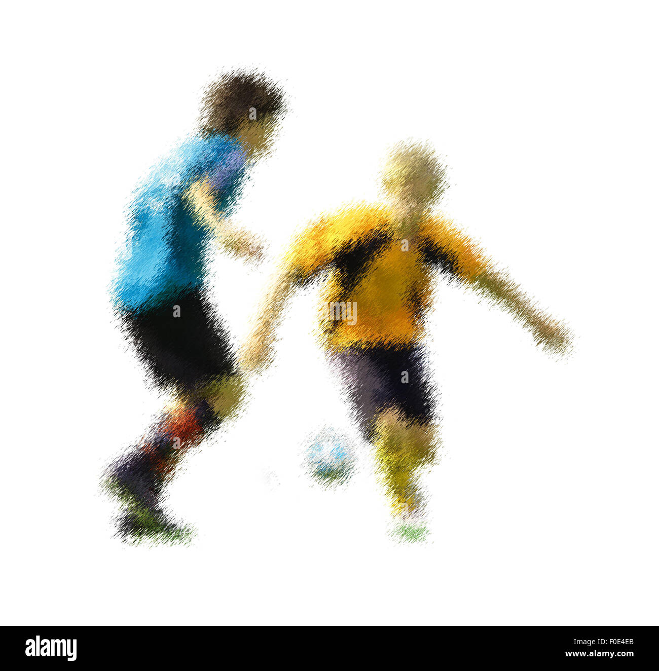 Blaue und gelbe Spieler. Abstrakte digitale Illustration von Fußball Fußballer, Jugendliche rund 15 Jahre alt, in Aktion isol Stockfoto