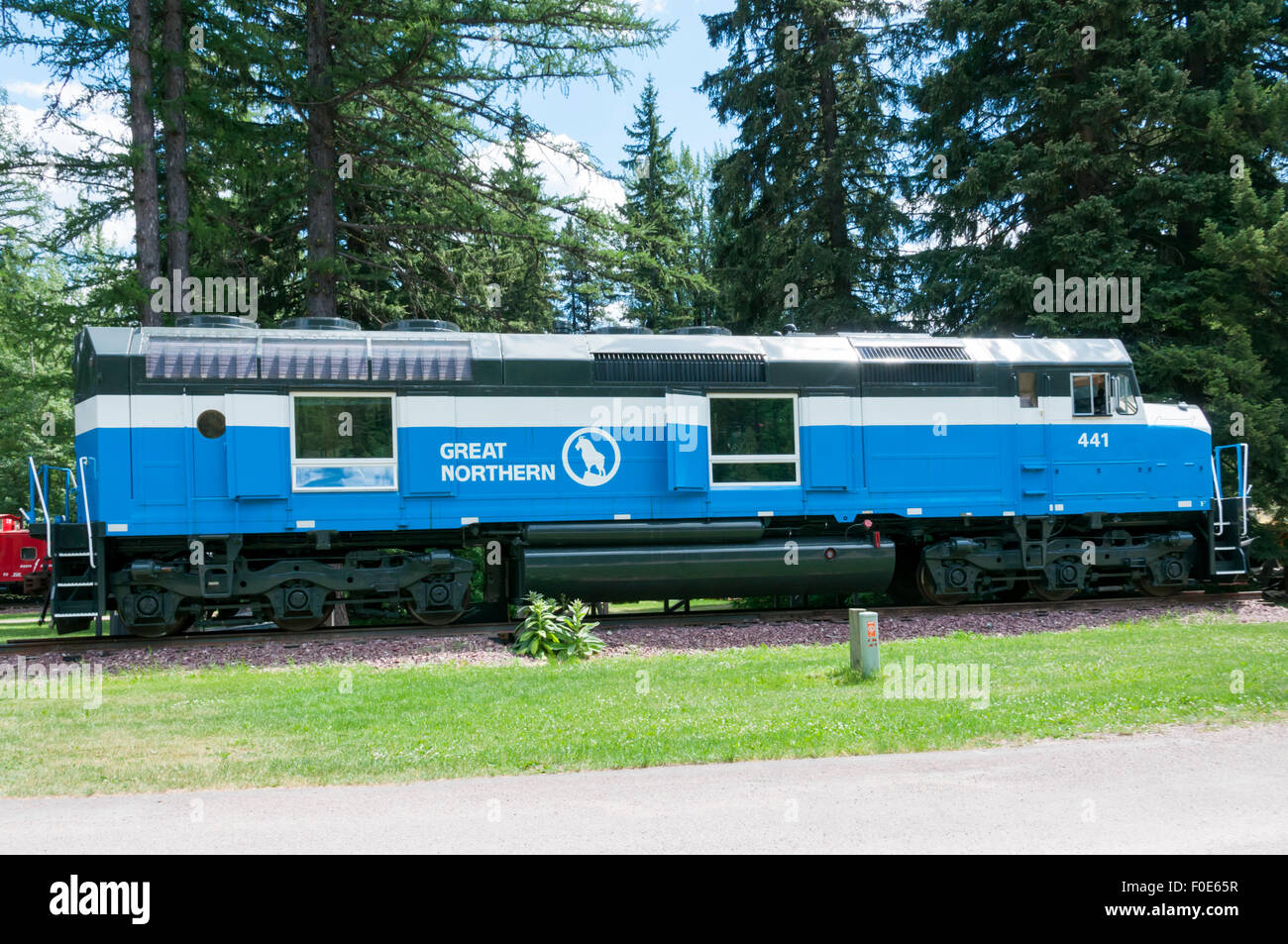 Caboose Unterkunft - restauriert alte Eisenbahnwaggons für Unterkunft in Izaak Walton Hotel in der Nähe von Glacier National Park, Montana verwendet. Stockfoto