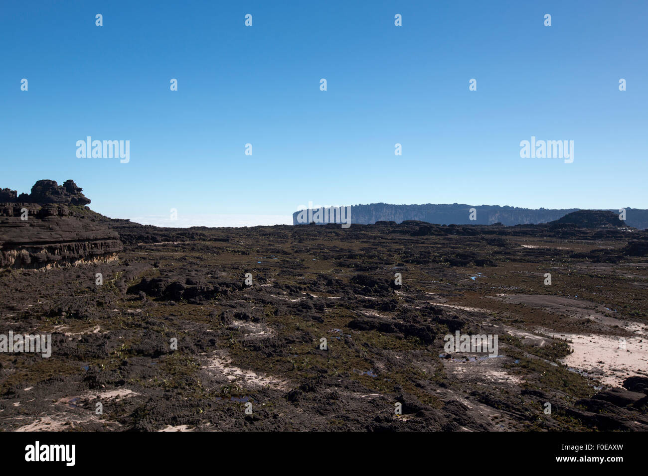 Klarer blauen Himmel und sehen auf Roraima Tepuy, schwarze vulkanische Mondoberfläche Gran Sabana. Venezuela-2015. Stockfoto