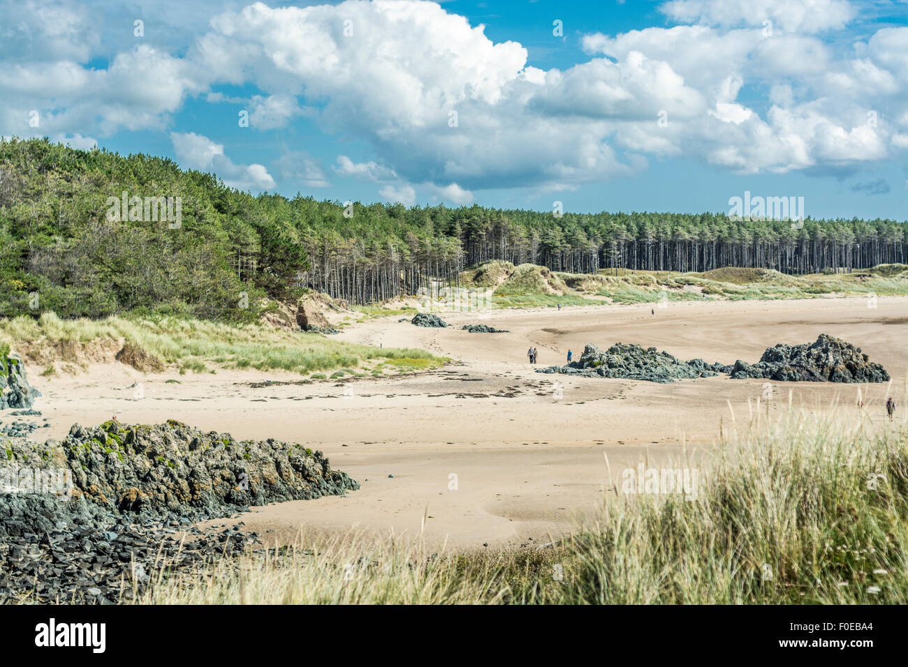 Blick auf Newborough, Isle of Anglesey, North Wales, UK am 7. August 2015 von Llanddwyn Island genommen. Stockfoto