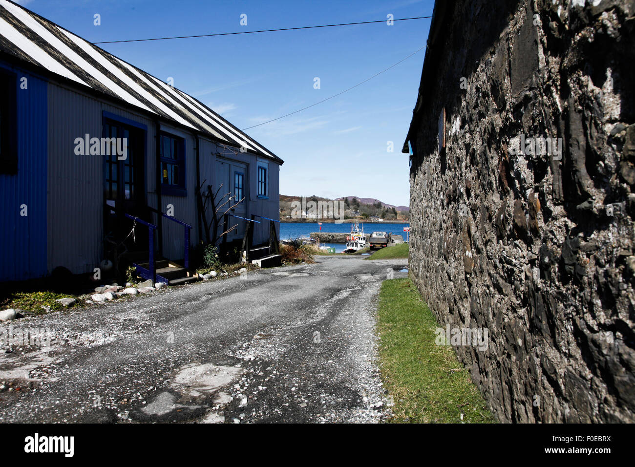 Alten Hafengebäuden Broadford Skye Stockfoto