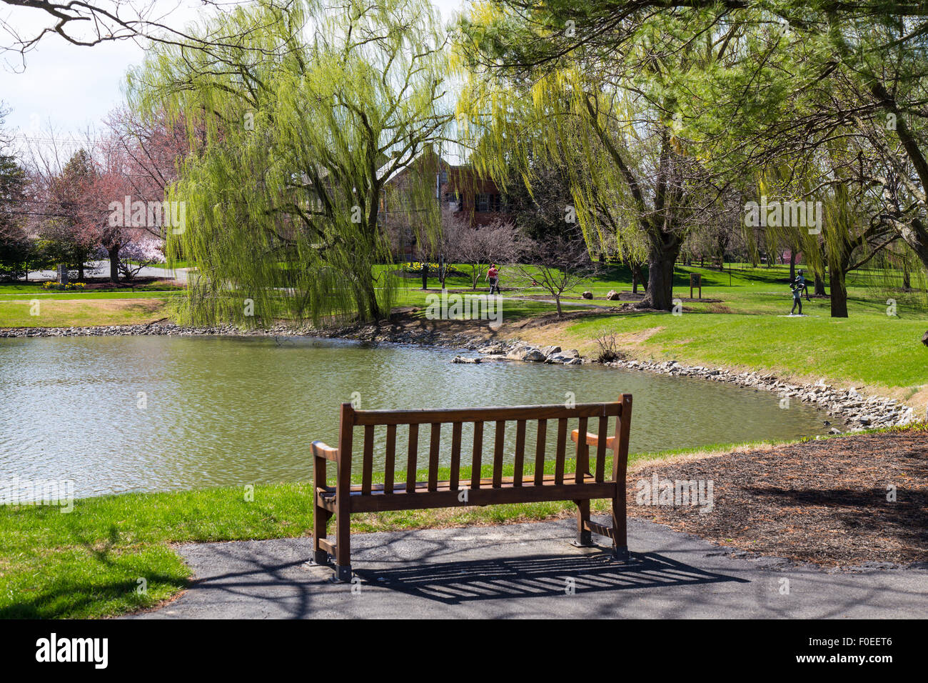 Eine Parkbank in eine ruhige Szene in einem vorstädtischen Park bekannt als Greenfield in der Nähe von Lancaster, PA. Stockfoto