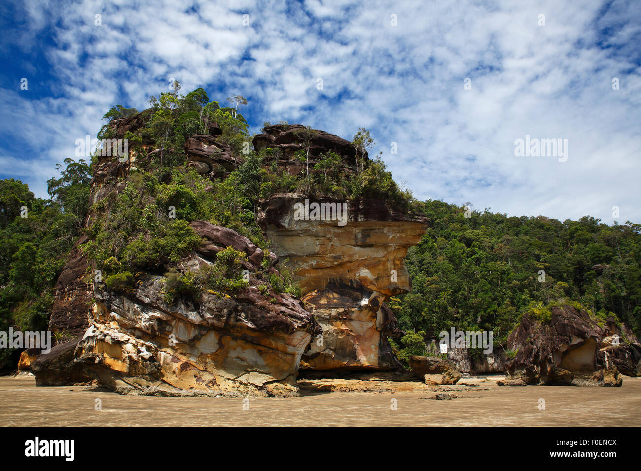 Bako Nationalpark, Sandsteinfelsen und Regenwald an der Küste, South China Sea, Sarawak, Borneo, Malaysia Stockfoto
