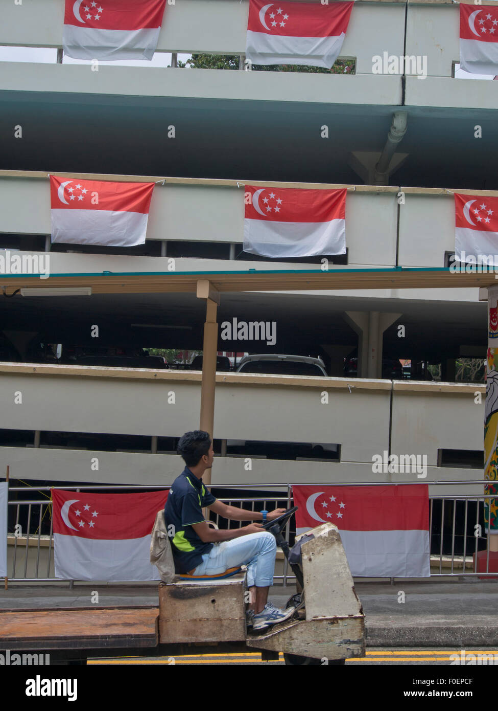 Nationalflaggen Girlande einen Parkplatz zur Feier des 50. Jahrestages der Unabhängigkeit in Singapur Stockfoto