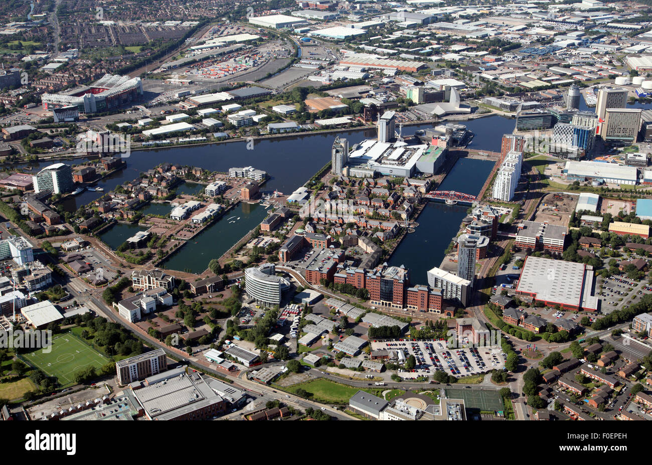 Luftaufnahme von Salford Quays in der Nähe von Manchester Stockfoto