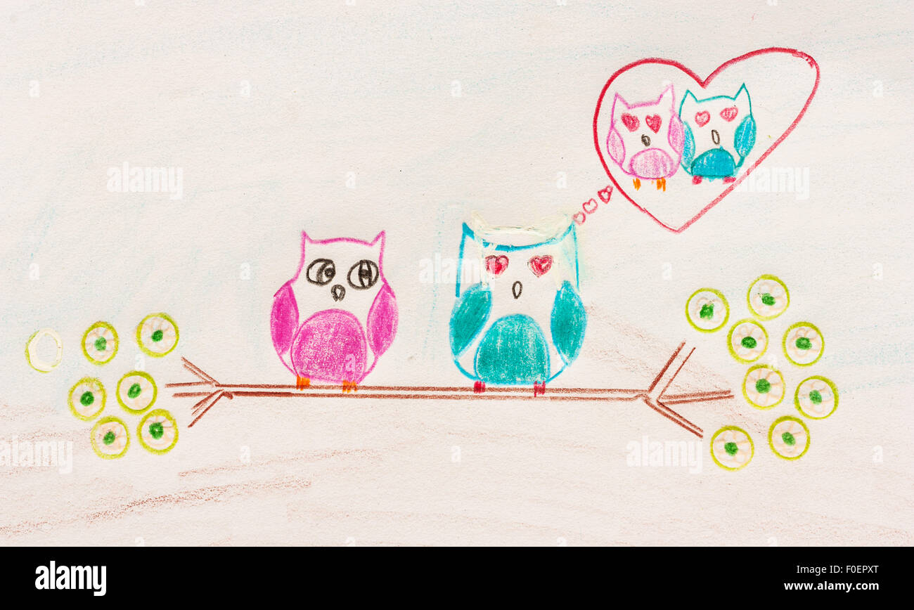 Kinder Zeichnung Liebe Vogel Bild auf dem Holztisch Stockfoto