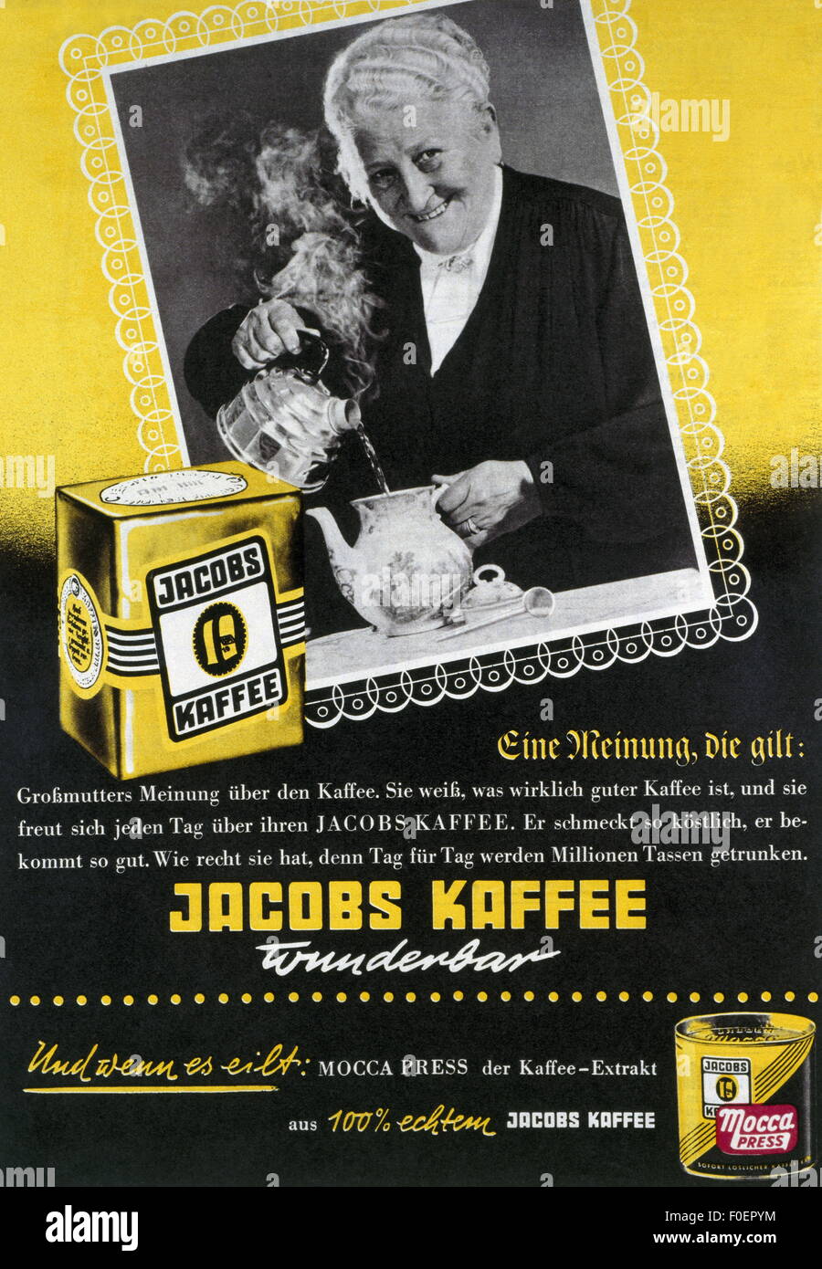 Werbung, Getränke, Kaffee 'JACOBS - KAFFEE' Mocca - Presse, alte Frau legte heißes Wasser in eine Dose, Werbung, 1957, zusätzliche-Rechte-Clearences-nicht vorhanden Stockfoto