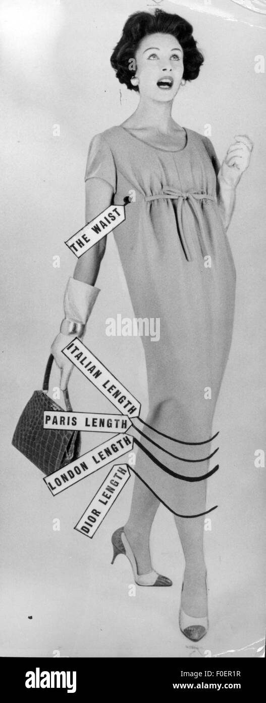 Mode, 50er Jahre, von Yves Saint Laurent für 'Christian Dior' gestaltetes Kleid mit markanten Saum der verschiedenen Modehauptstädte, 1958, Additional-Rights-Clearences-not available Stockfoto
