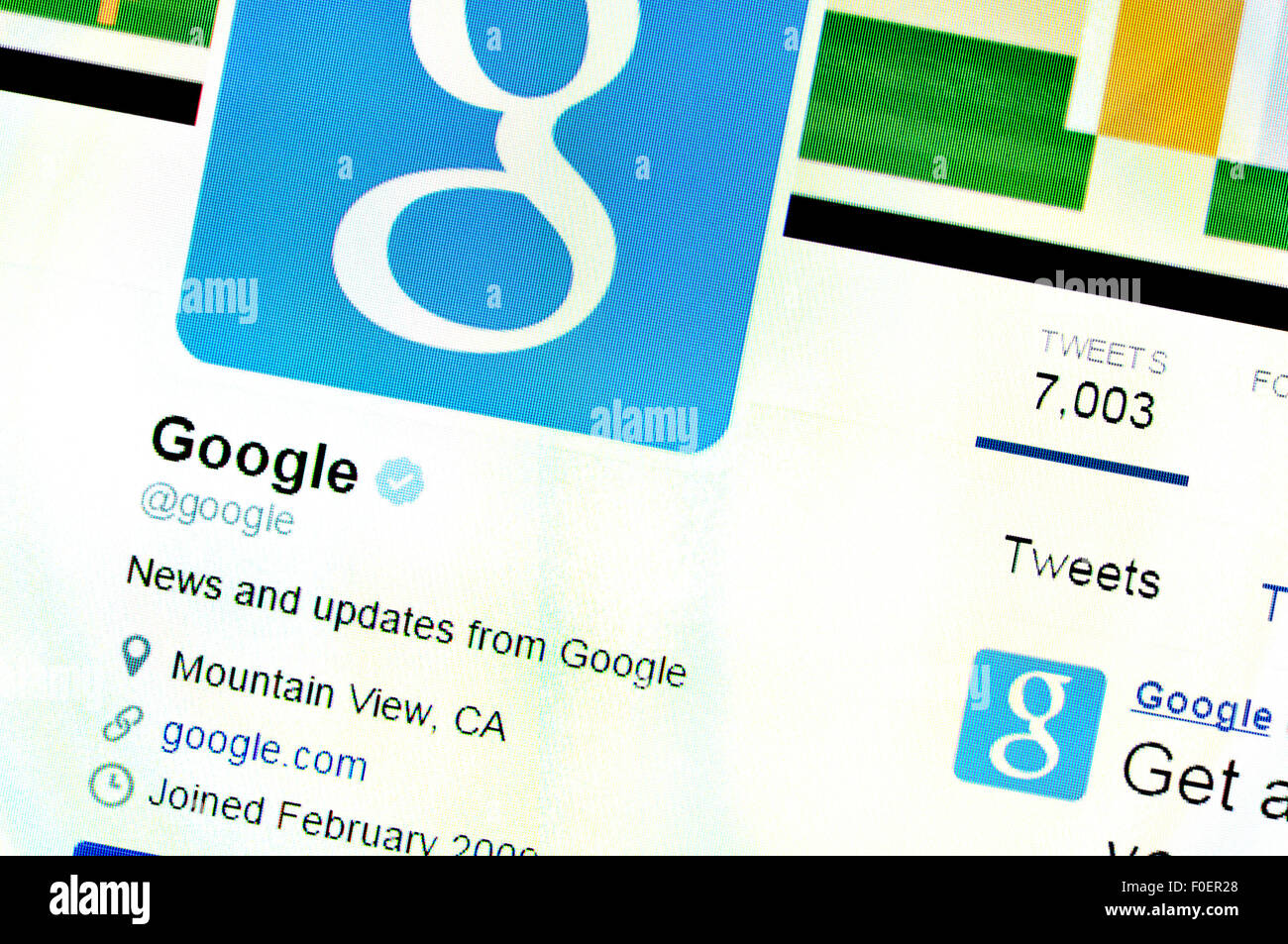 Computer-Screenshot - Google Twitter-account Stockfoto