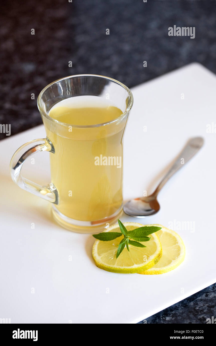 Zitrone-Grüntee in einen Glaskrug. Stockfoto