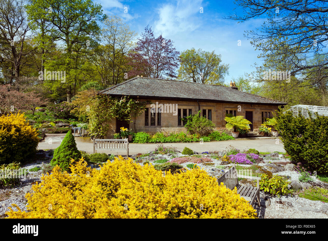 Das alte Badehaus und Frühlingsblumen in Harlow CarrGardens, Harrogate, North Yorkshire, England, UK Stockfoto