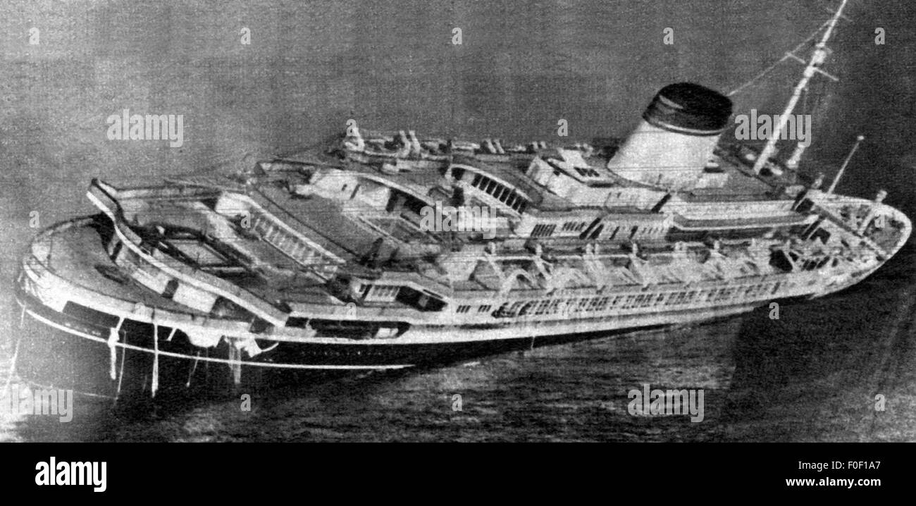 Transport / Transport, Navigation, Katastrophe, Abwurf der 'Andrea Doria' am 26.7.1956, nach Kollision mit der 'Stockholm' am 25.7.1956, nach Foto, Zusatzrechte-Freilichtungen-nicht vorhanden Stockfoto