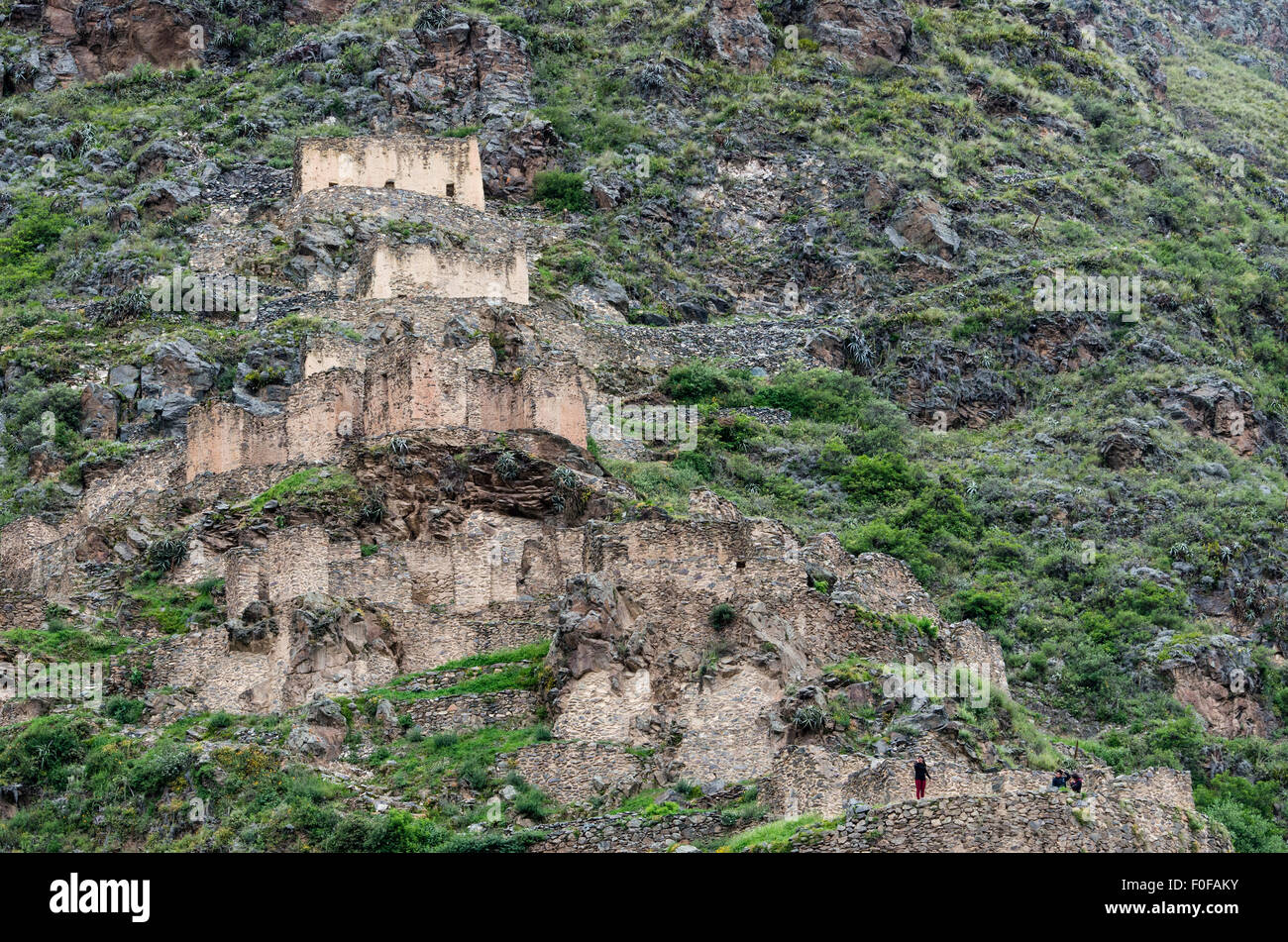 Pinkuylluna, Inca Lagerhallen in der Nähe von ollantaytambo. Cusco, Peru. Stockfoto