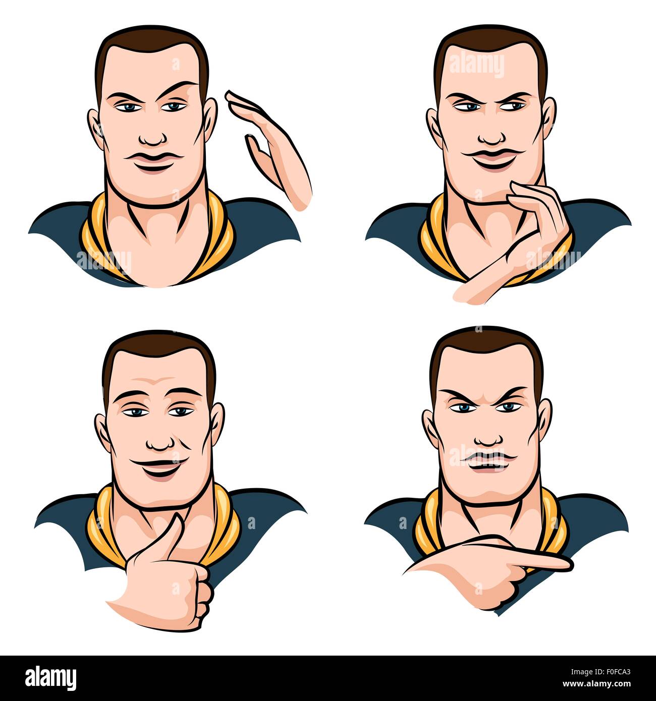 Ein junger Mann Gesichtsausdruck festgelegt im Cartoon-Stil gezeichnet. Vertrauen, Wut, Unsicherheit, Schlauheit. Isoliert auf weißem Hintergrund. Stock Vektor